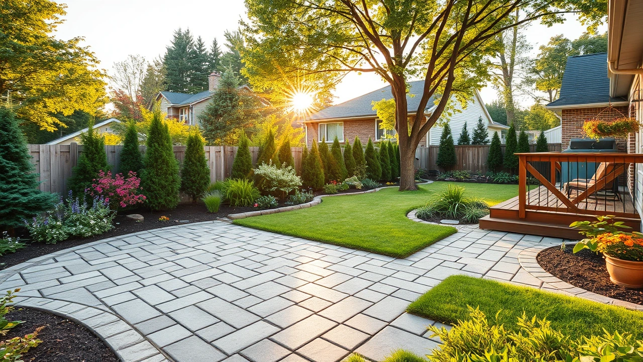 Landscaped Ontario backyard with interlocking patio and garden
